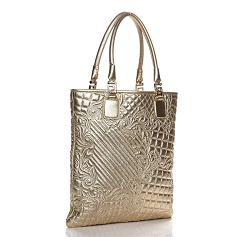 VERSACE Metallic Nappa Barocco Quilted Vanitas Tote Gold 